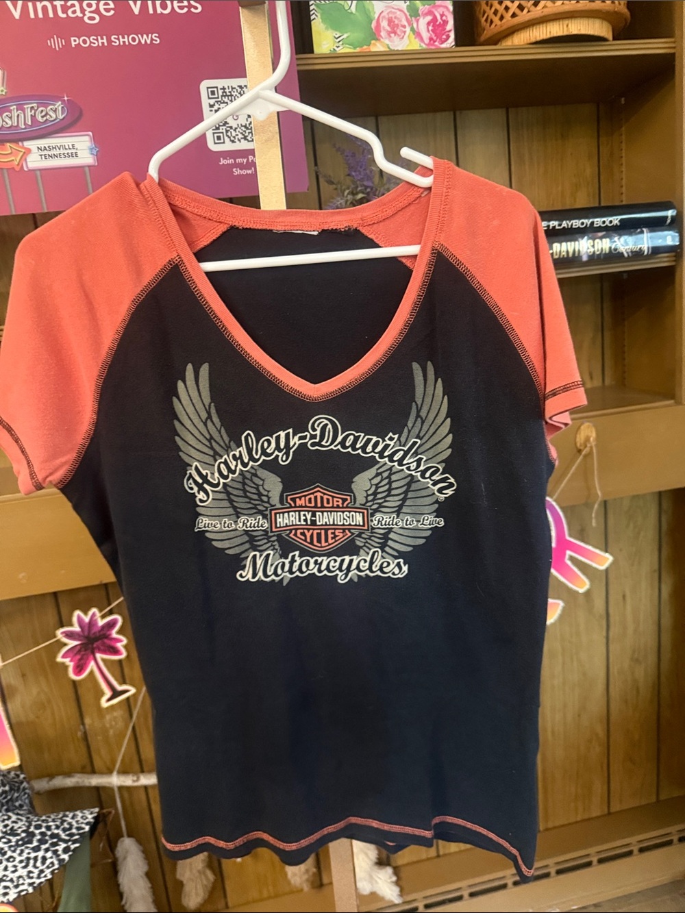 Harley-Davidson Black & Coral V-Neck Raglan Sleeve Tee